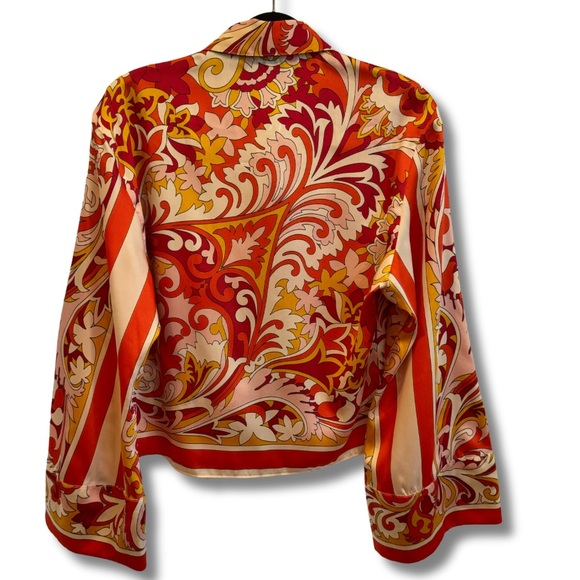 ZARA 70’s Retro Vibrant Crop Blouse Bell Sleeve Collared Button Down Tie Front - Picture 5 of 13